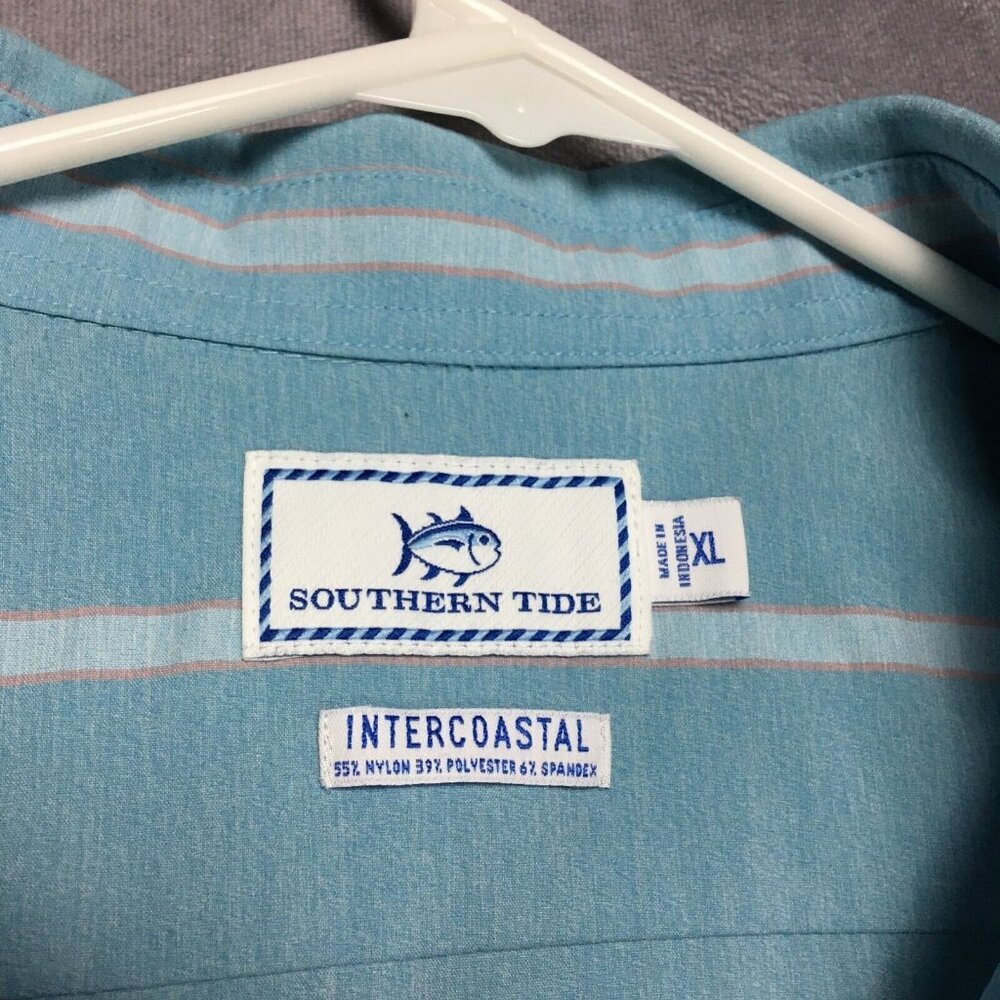 Southern Tide Mens Shirt size XL Button Up Short Sleeve‎ Blue Striped Stretch - Picture 3 of 15